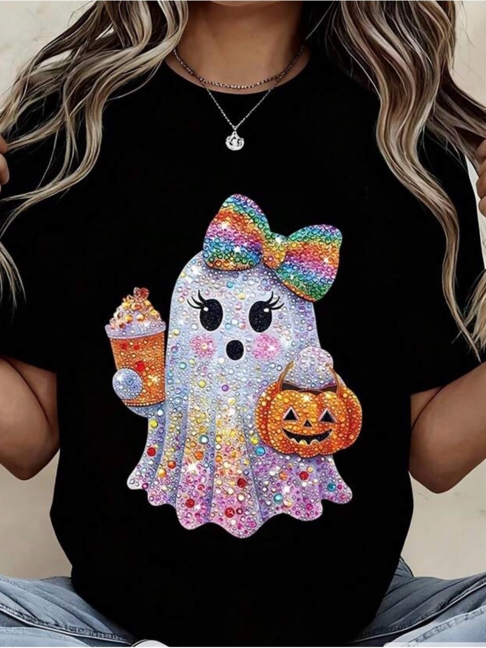 Halloween Ghost Graphic Tee with Rainbow Bow